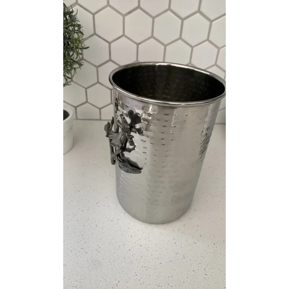 Stainless steel vase with Dark silver vine‎ 3D utensils holder hammered Metal